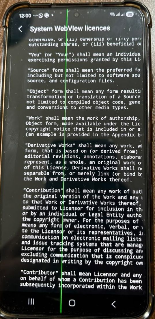 The same Galaxy S22 Plus showing a page of text with the green line running straight down the middle